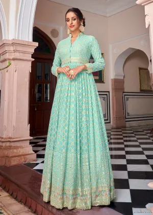 Aqua Green Pretty Embellished Work Wedding Anarkali Dress