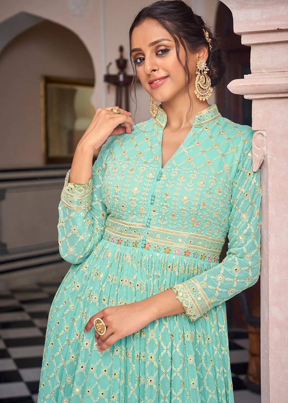 Aqua Green Pretty Embellished Work Wedding Anarkali Dress