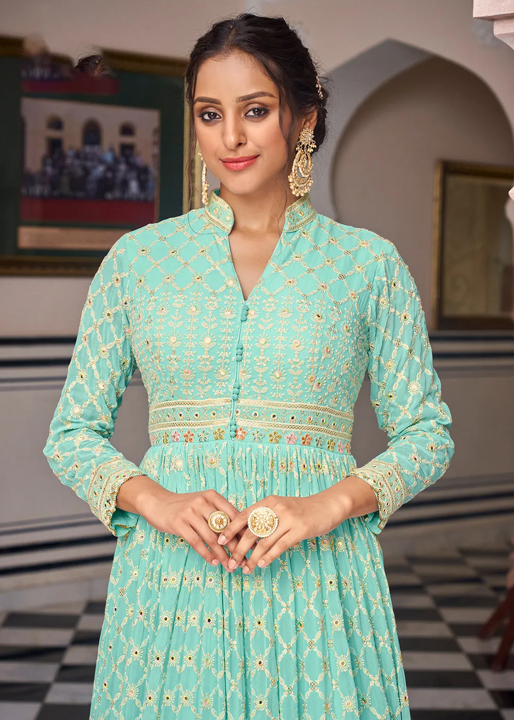 Aqua Green Pretty Embellished Work Wedding Anarkali Dress