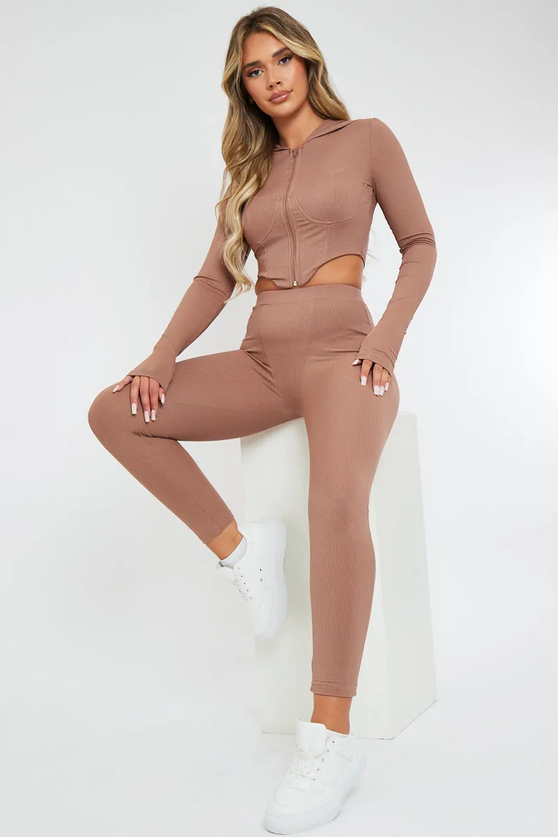 Beige Ribbed Corset Style Hoodie & Leggings Set - Navah