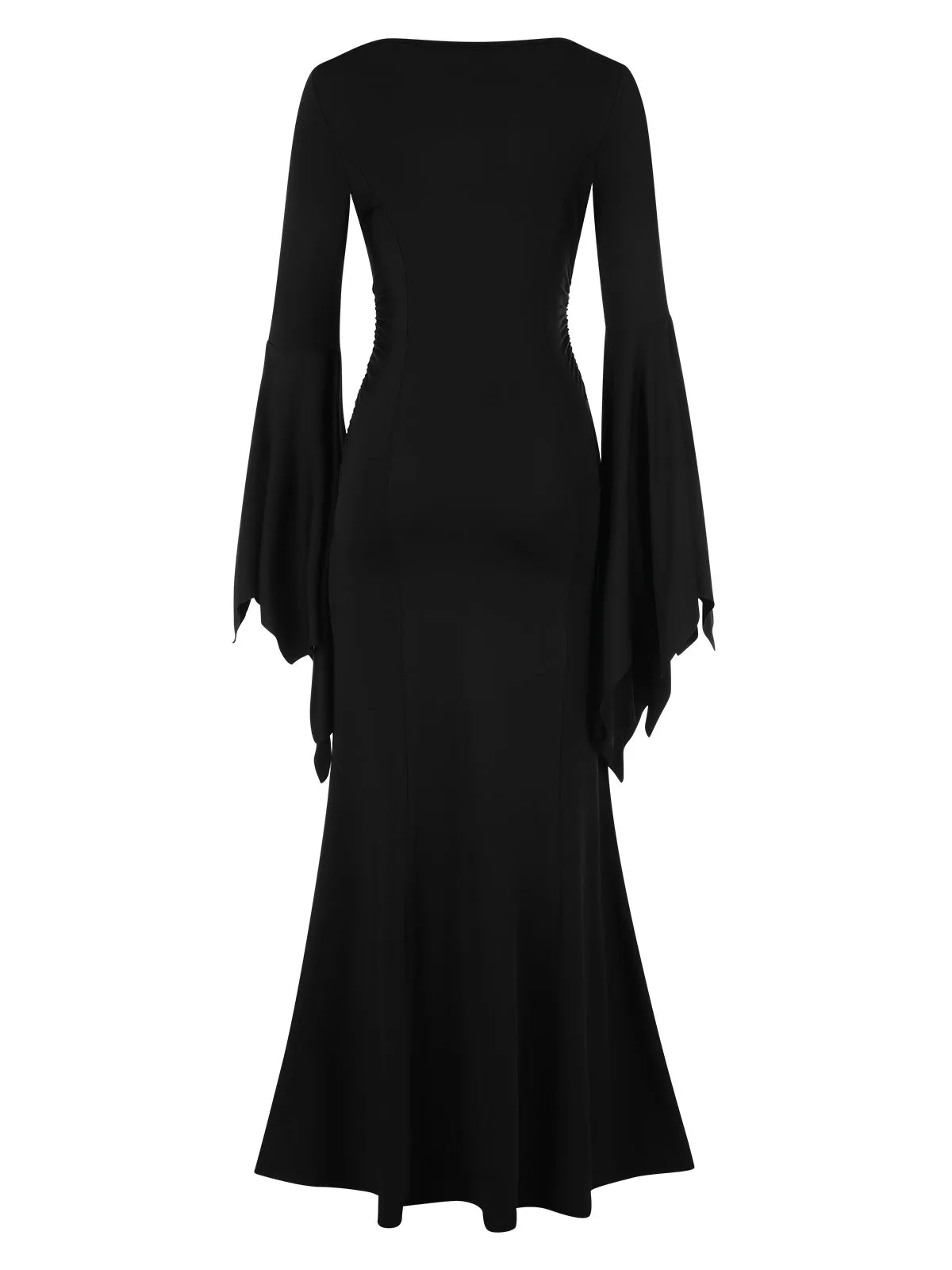 Black 1930s Solid Batwing Cuffs Fishtail Dress