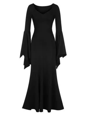 Black 1930s Solid Batwing Cuffs Fishtail Dress