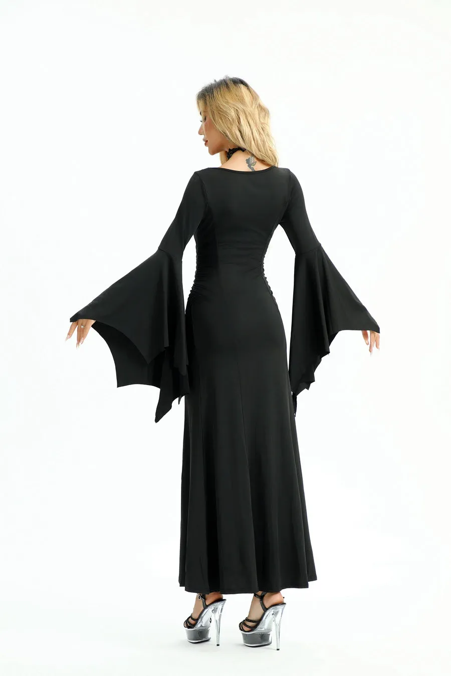 Black 1930s Solid Batwing Cuffs Fishtail Dress