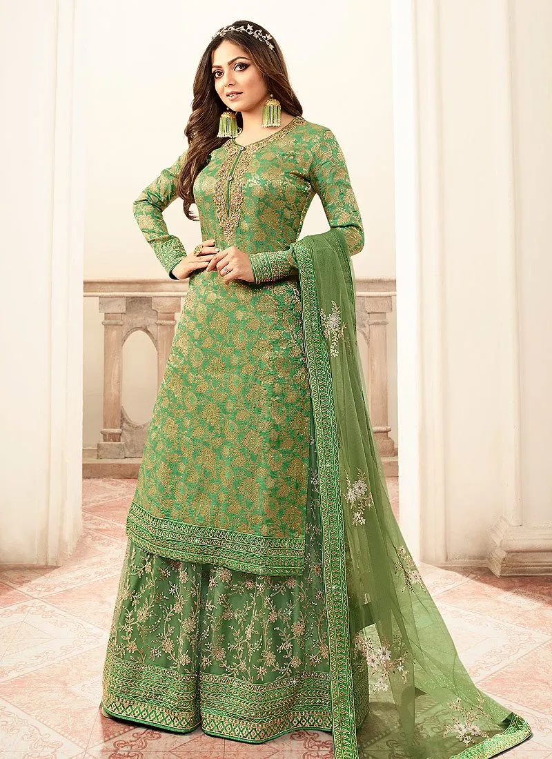 Dilettante Green Embroidered Designer Jacquard Sharara Suit