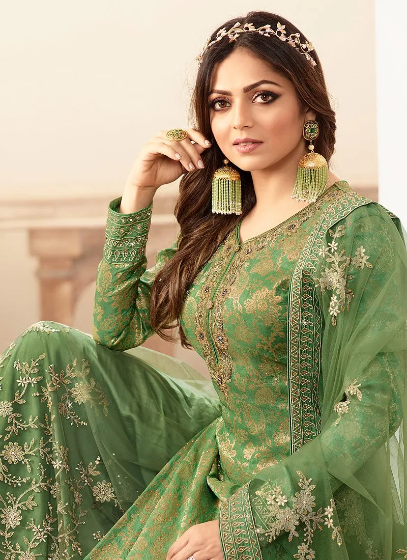 Dilettante Green Embroidered Designer Jacquard Sharara Suit