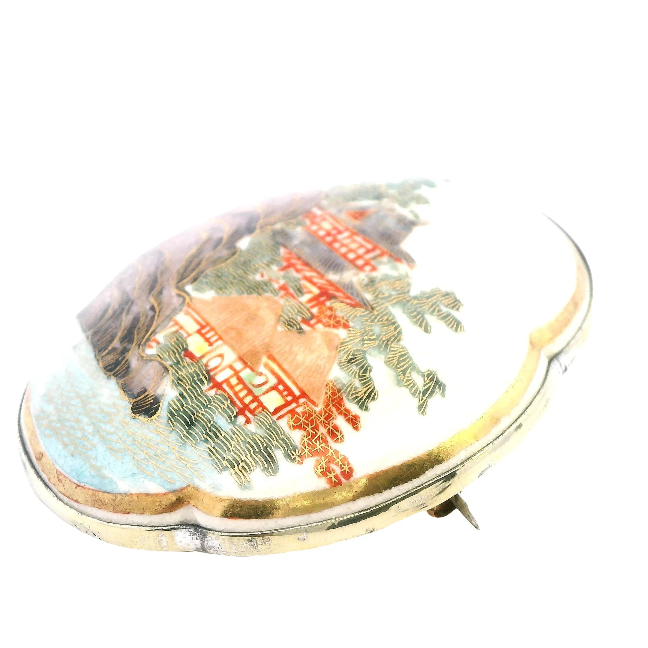 Exquisite Gold-Plated Hand-Painted Satsuma Porcelain Brooch