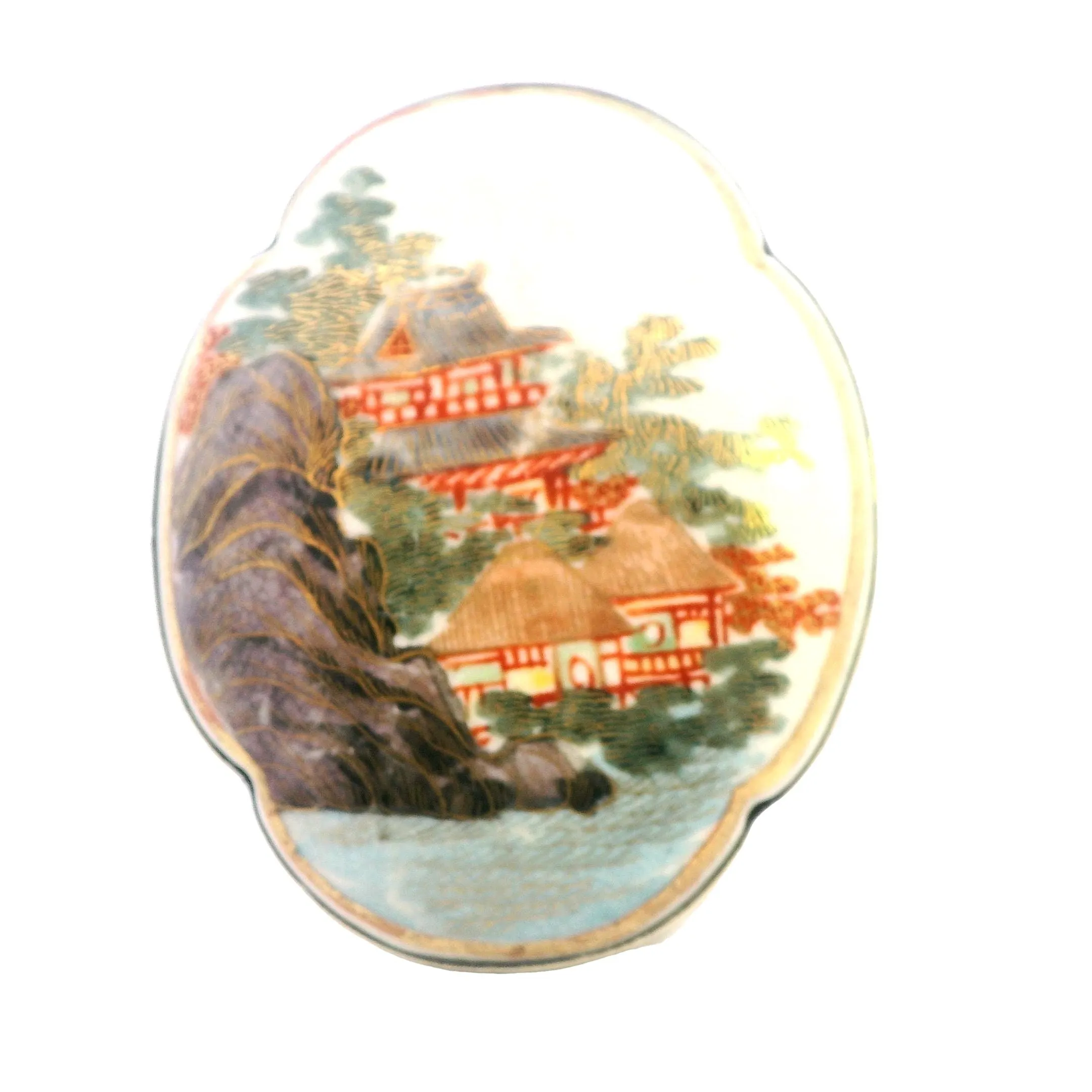 Exquisite Gold-Plated Hand-Painted Satsuma Porcelain Brooch