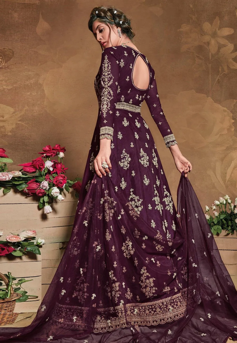 Fabulous Wine Net Embroidered Floor Length Anarkali Suit