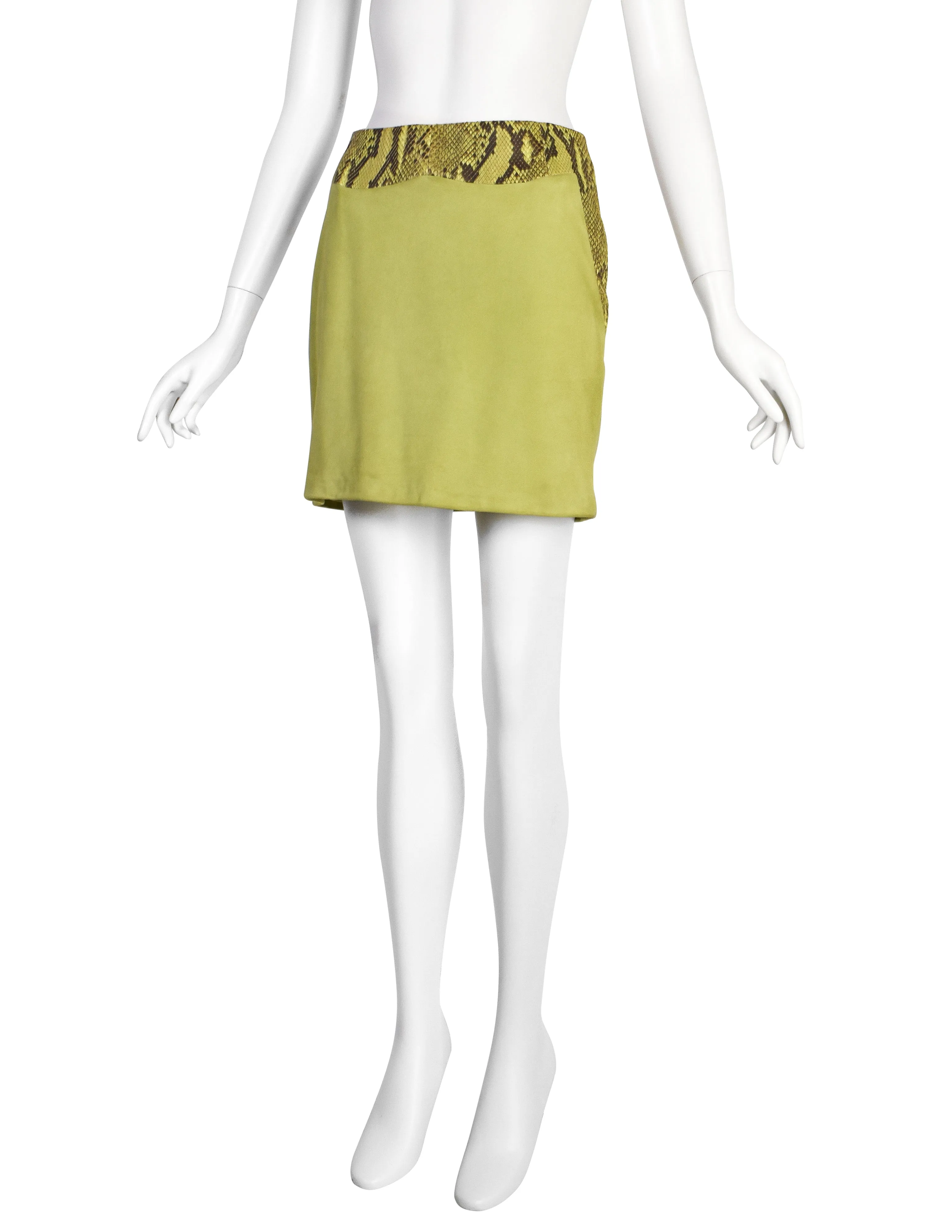 Gianni Versace Vintage 1990s Green Suede and Snakeskin Mini Skirt