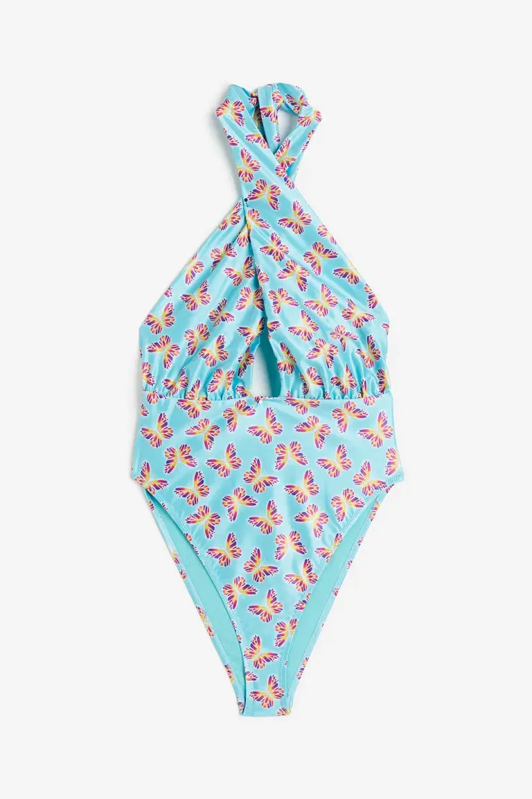 H&M halterneck swimsuit, turquoise/butterflies