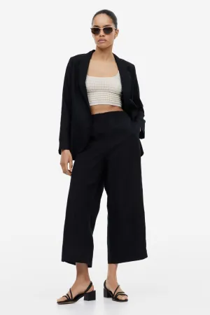 H&M linen blend cropped trousers, black