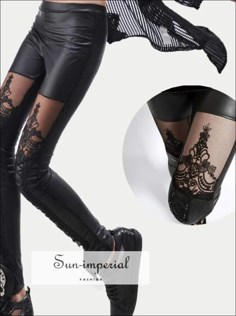 High Quality Wholesale Punk Black Faux Leather Gothic Lace Legging Women Lace up Leggings