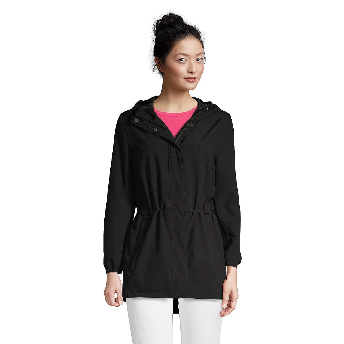 Lands' End Women's Waterproof Foldable Hooded Raincoat, Black