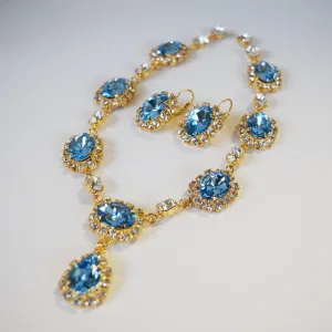 Large Swarovski Aquamarine Blue Halo Necklace with Teardrop