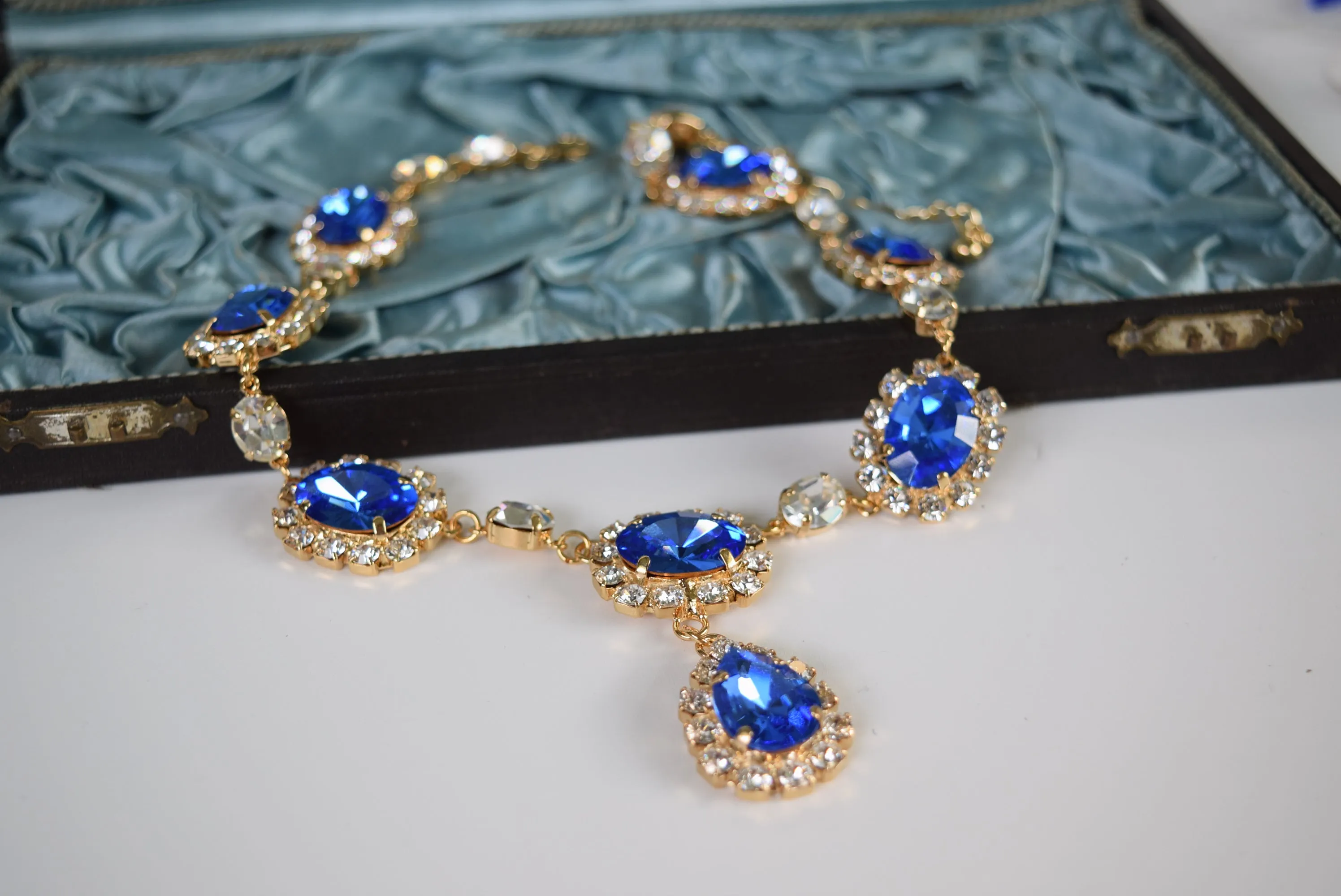 Large Swarovski Sapphire Blue Halo Necklace with Teardrop