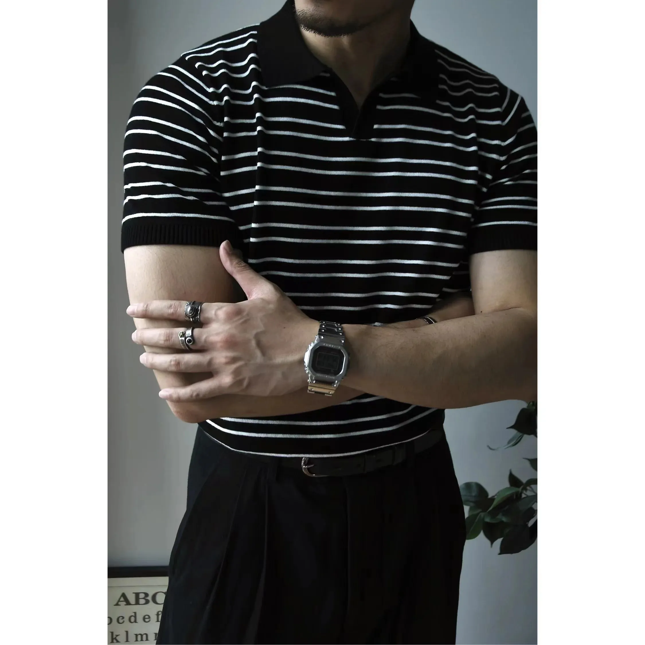 Men's Knitted Polo Shirt - Striped Golf Tennis Wear - Vintage Streetwear