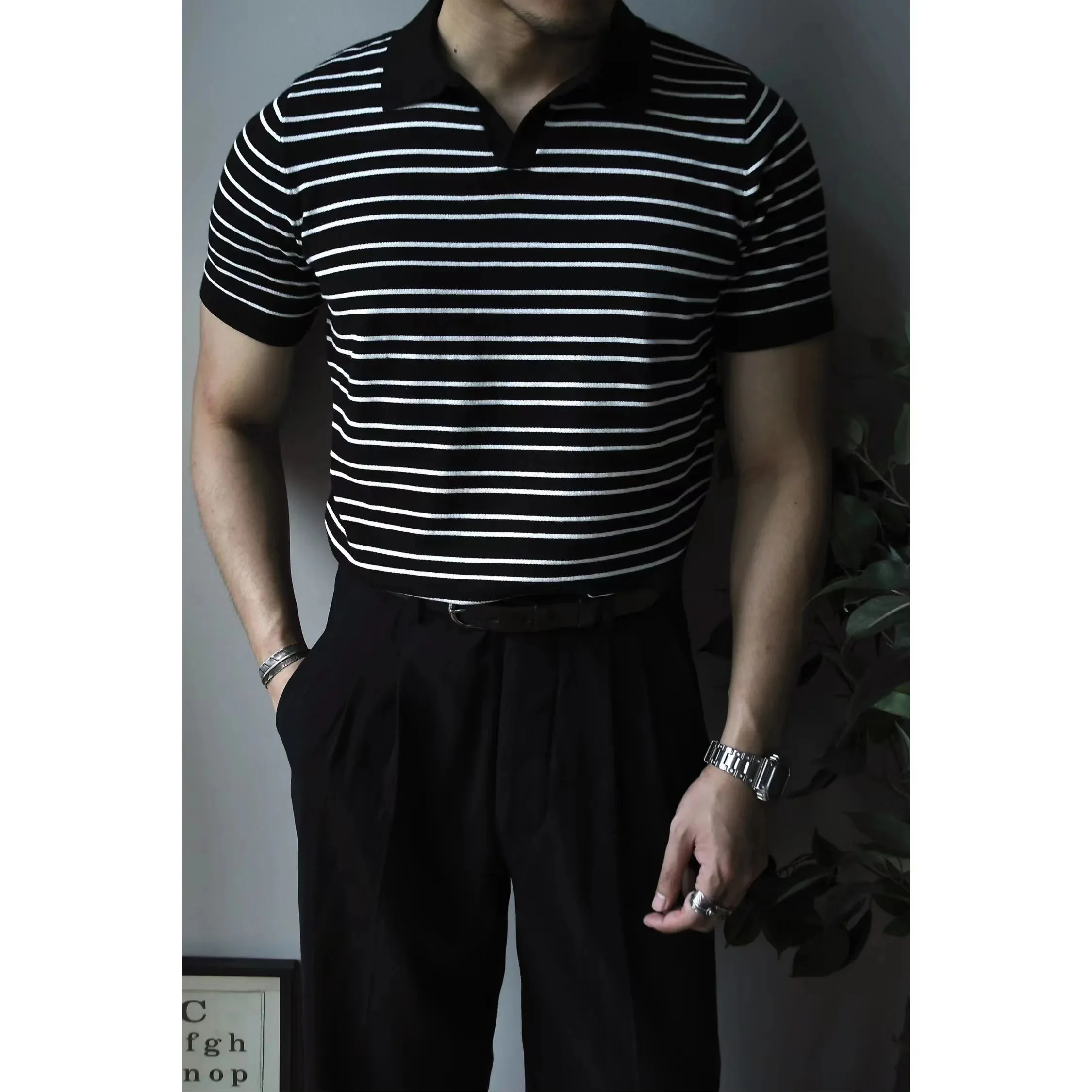 Men's Knitted Polo Shirt - Striped Golf Tennis Wear - Vintage Streetwear