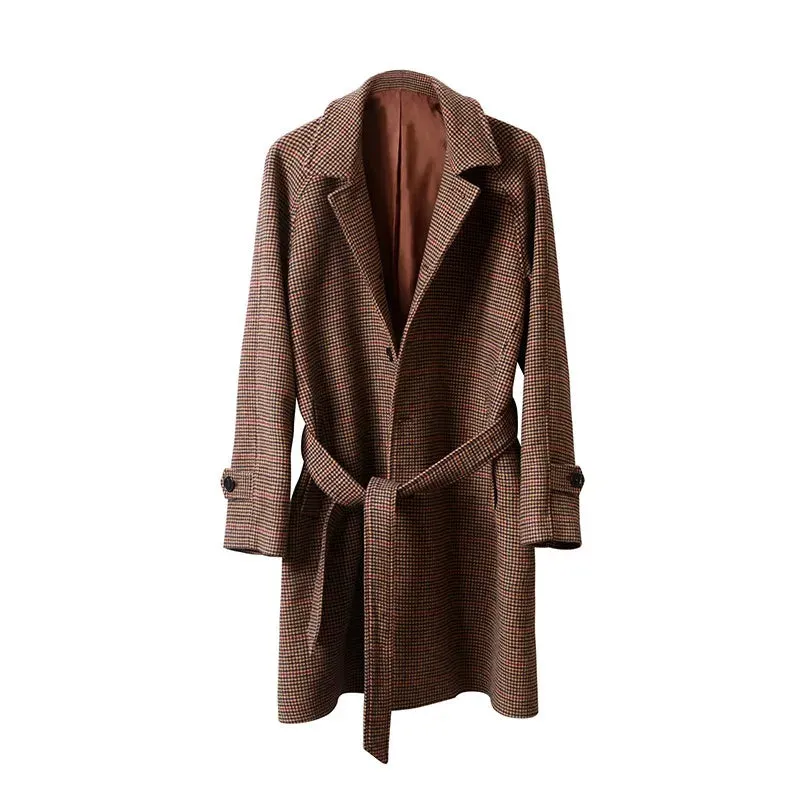 Men's Long Woolen Trench Coat with Hound's Tooth Pattern