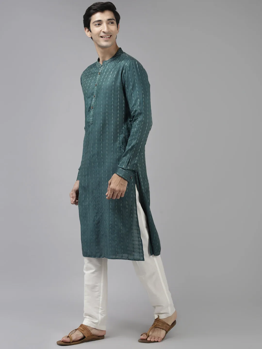 Men's Teal & Beige Woven Design Thread Work Kurta With Pyjama - See Designs