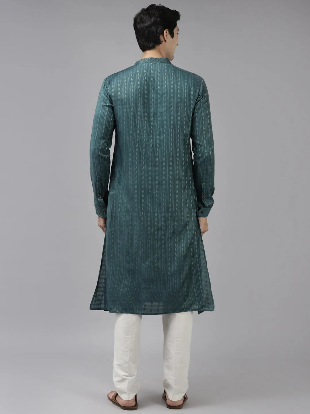 Men's Teal & Beige Woven Design Thread Work Kurta With Pyjama - See Designs