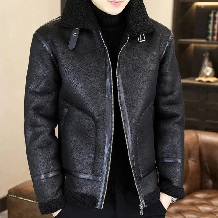 Men's Winter Motorcycle Leather Jacket – Plus Velvet Padded, Fur-Lined Warm Casual Overcoat