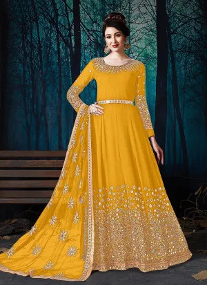 Mirror Work Yellow Faux Georgette Anarkali Suit