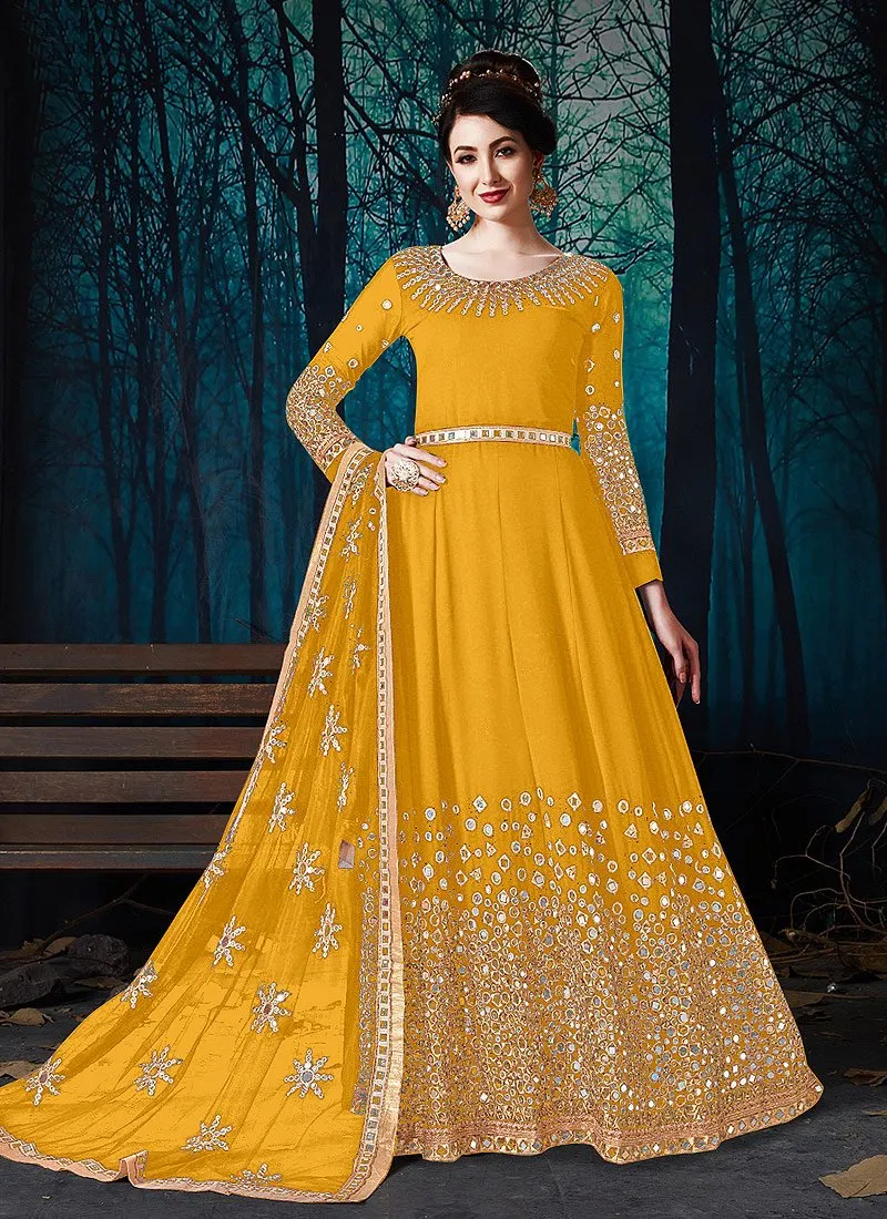 Mirror Work Yellow Faux Georgette Anarkali Suit