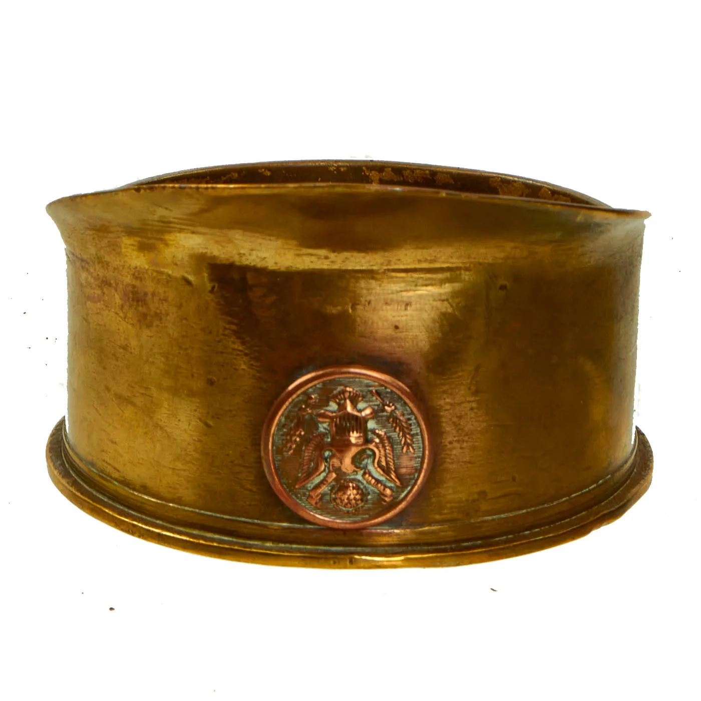 Original U.S. WWI Trench Art Brass 75mm Artillery Shell Visor Cap - dated 1918