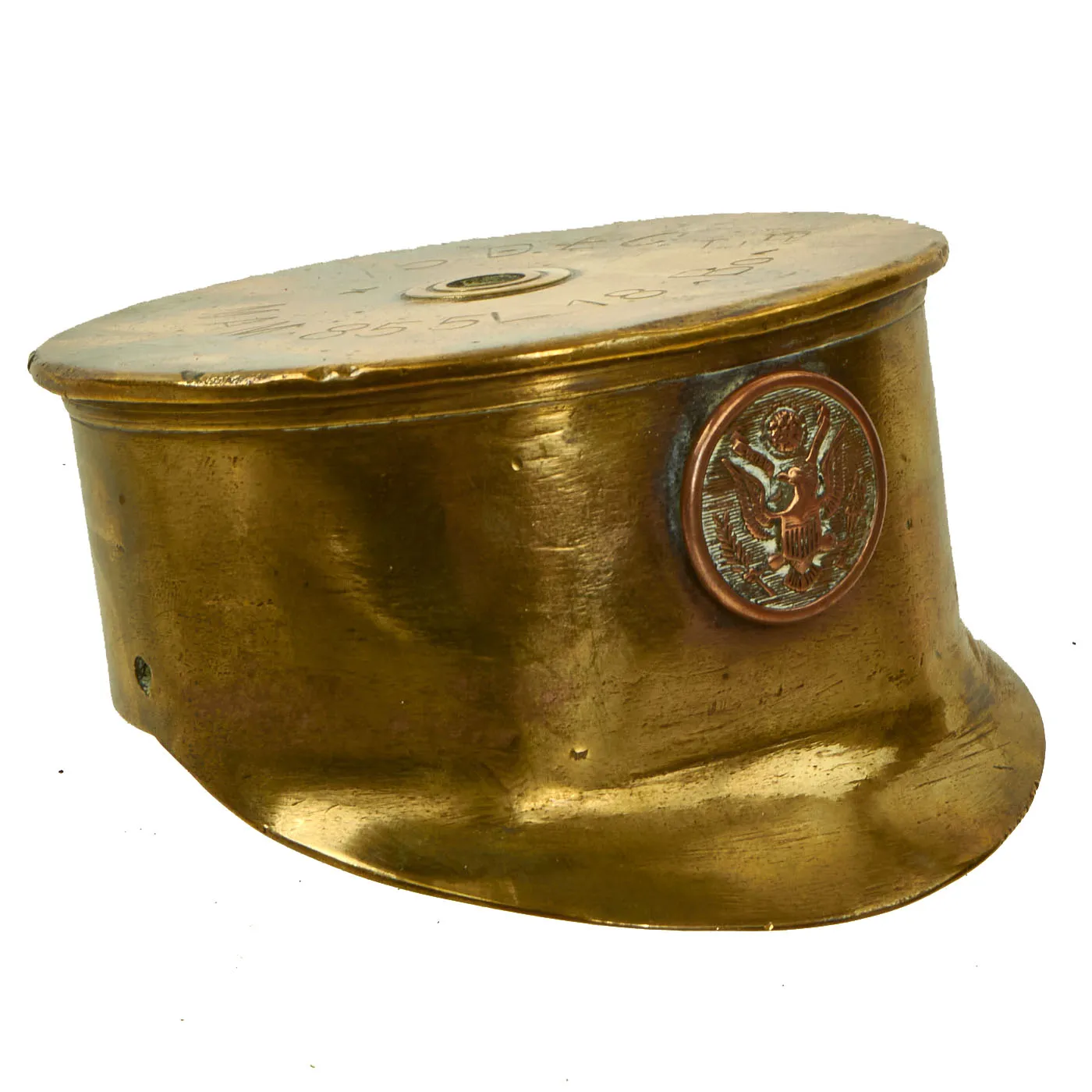 Original U.S. WWI Trench Art Brass 75mm Artillery Shell Visor Cap - dated 1918