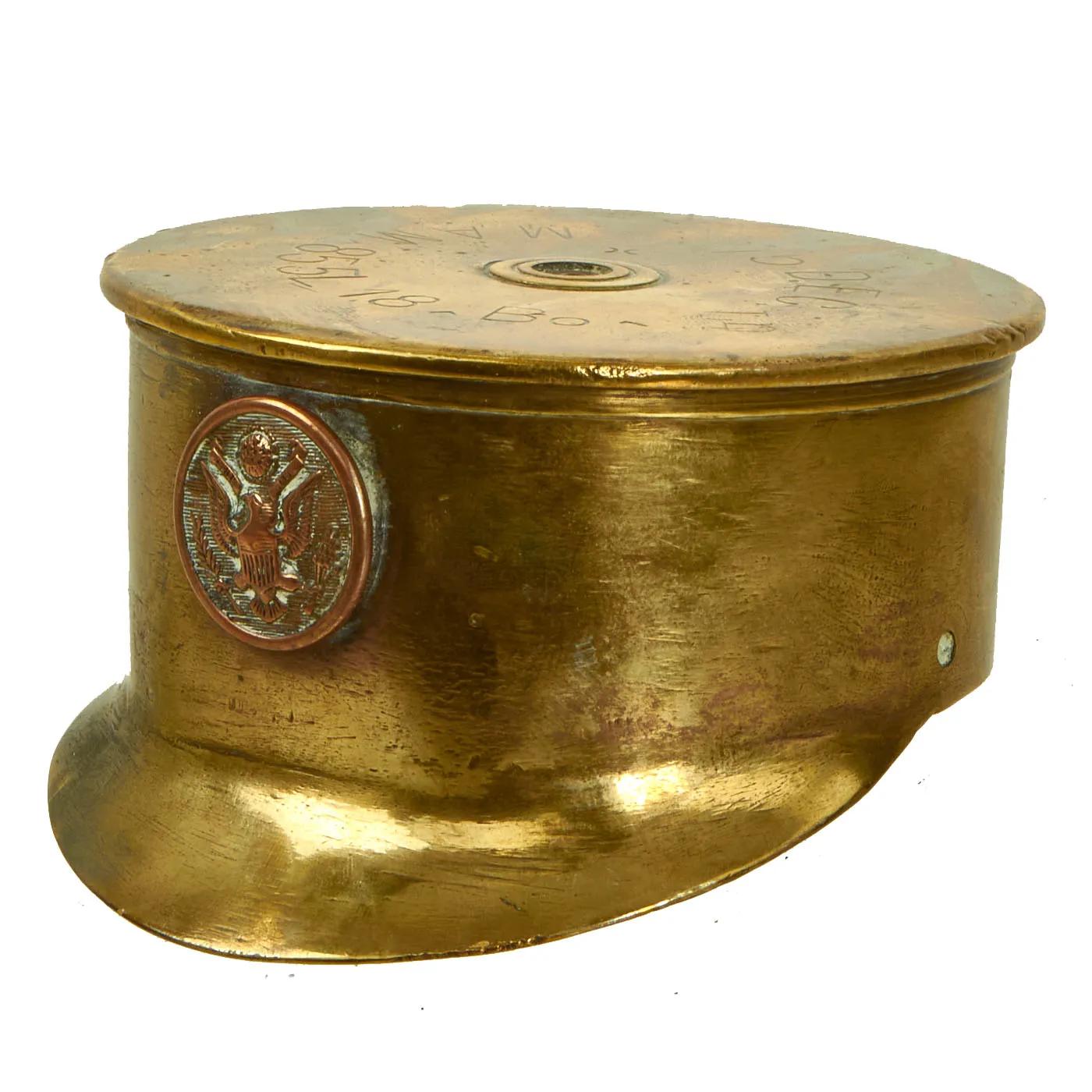 Original U.S. WWI Trench Art Brass 75mm Artillery Shell Visor Cap - dated 1918