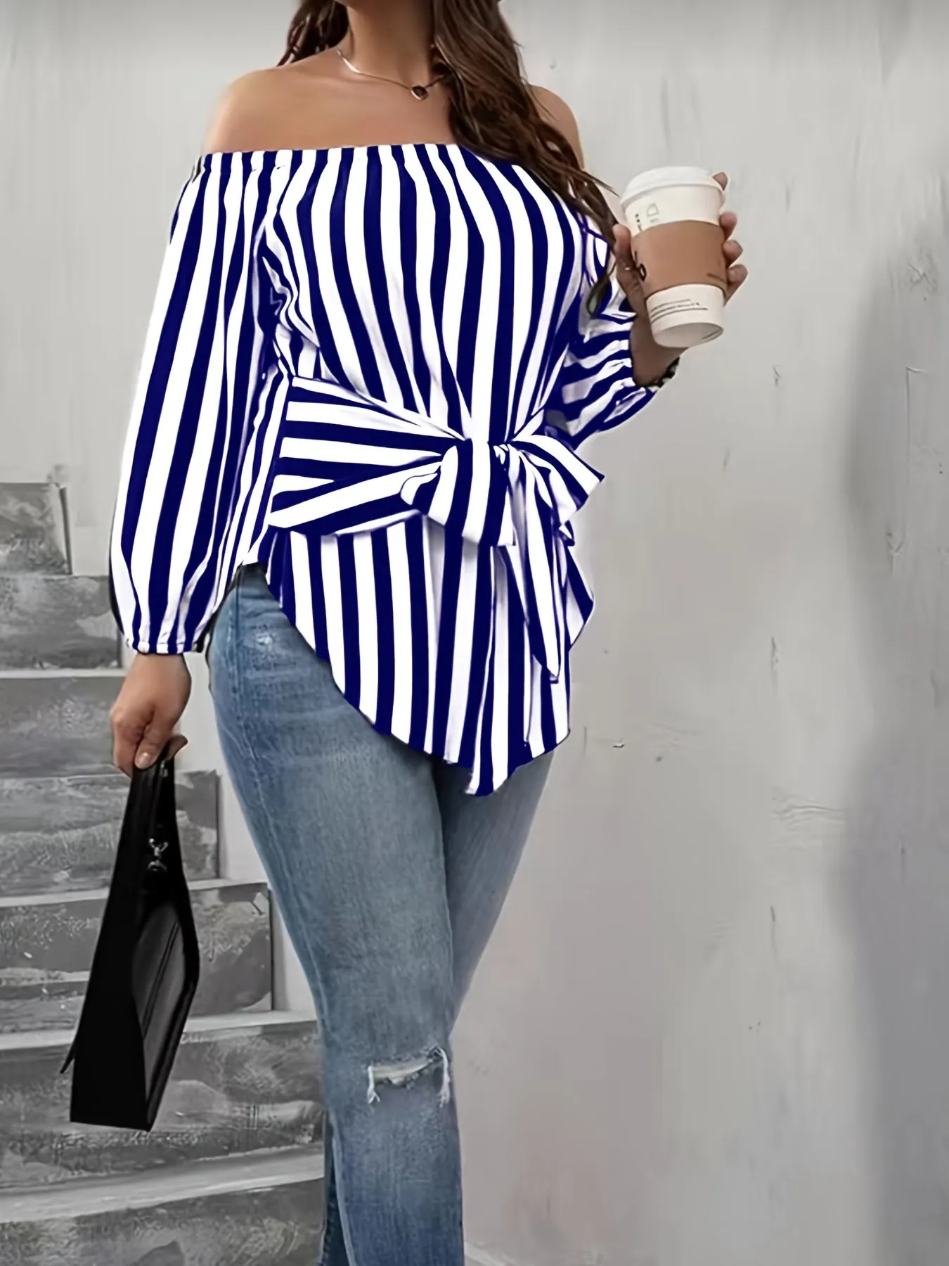 Plus Size Elegant Off the Shoulder Striped Print Blouse - Long Sleeve, Non-Stretch Polyester, Woven Shirting for Spring, Summer, and Fall - Womens Casual, Comfortable, and Chic Clothing