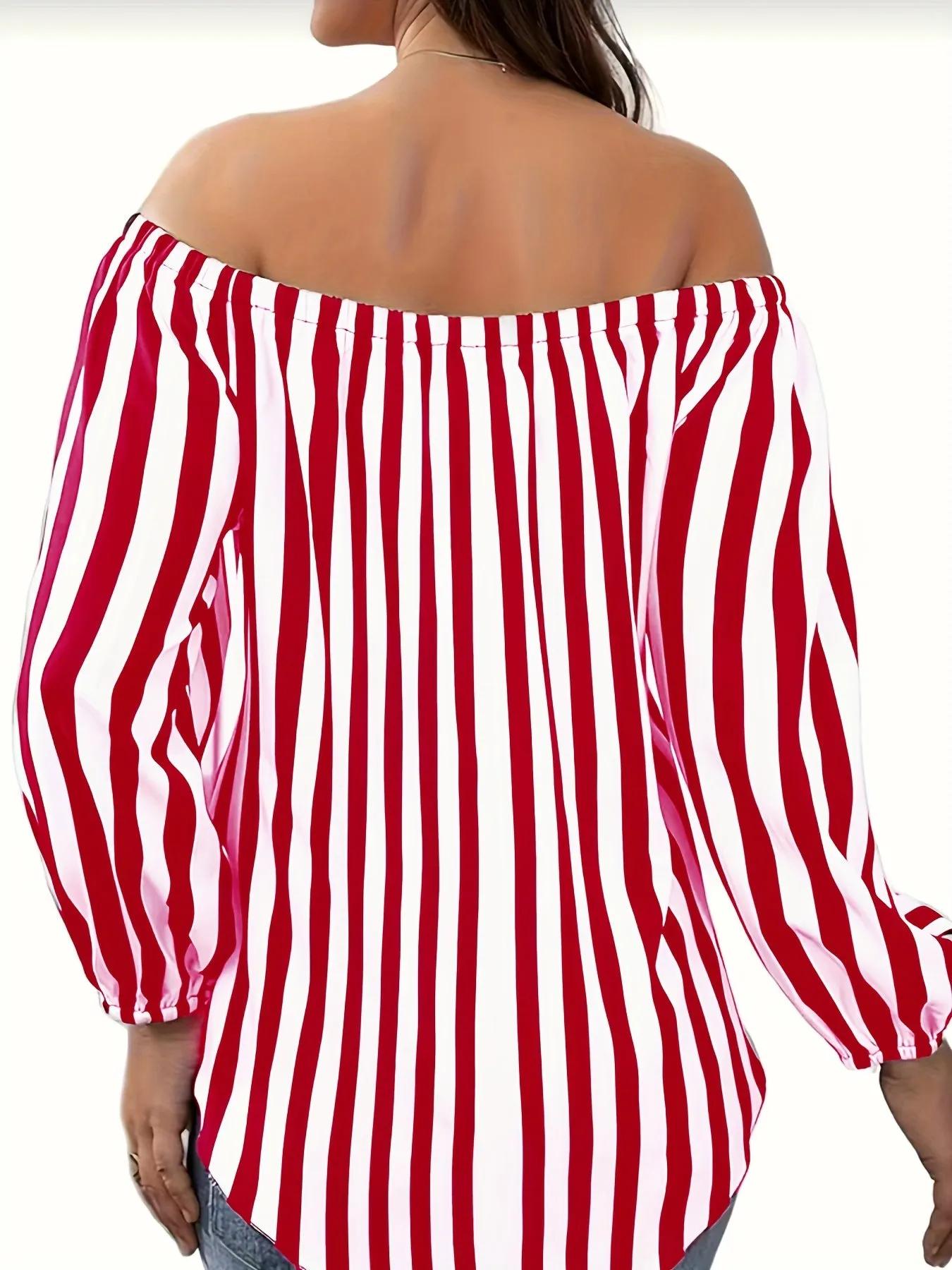 Plus Size Elegant Off the Shoulder Striped Print Blouse - Long Sleeve, Non-Stretch Polyester, Woven Shirting for Spring, Summer, and Fall - Womens Casual, Comfortable, and Chic Clothing