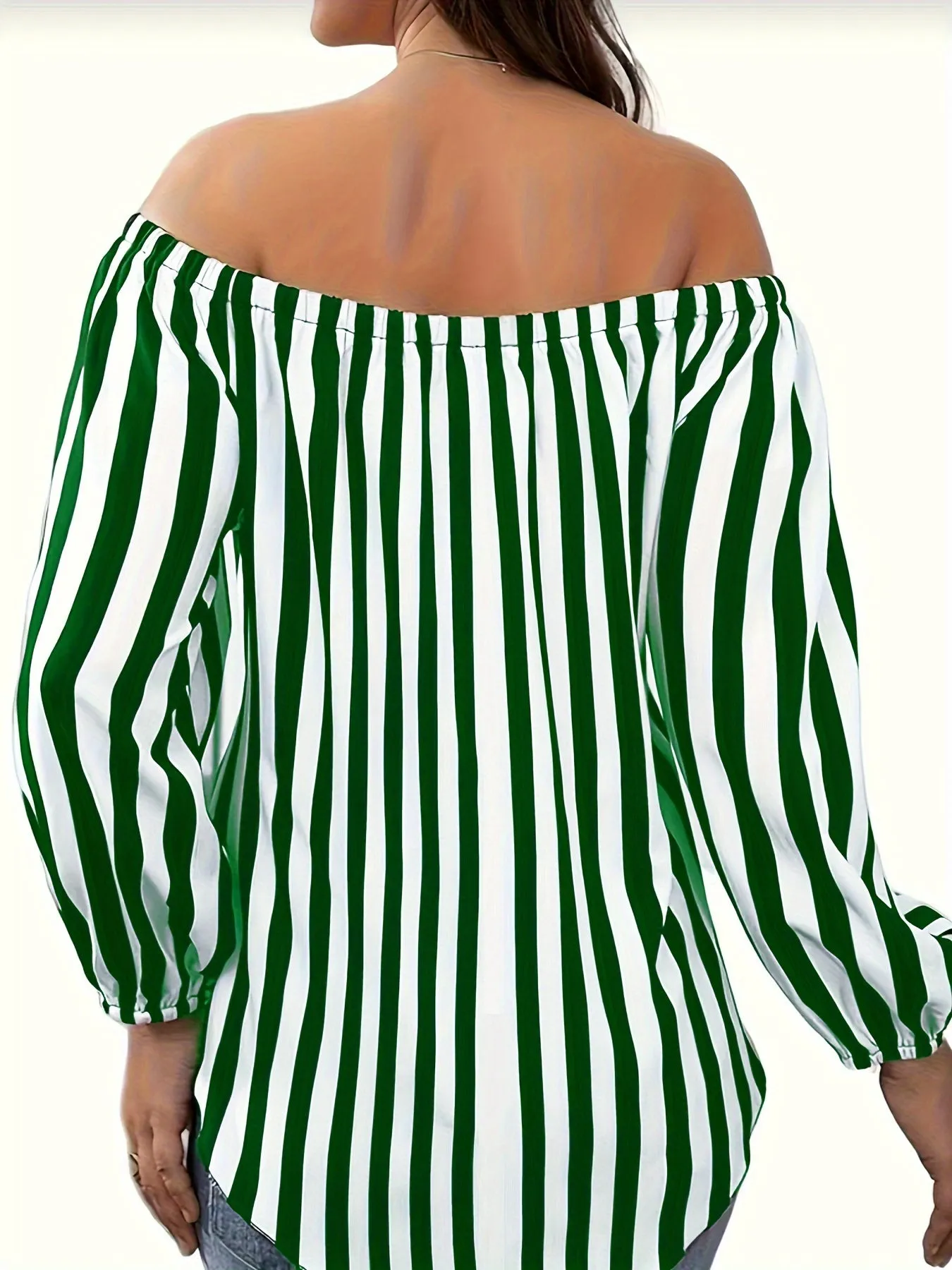 Plus Size Elegant Off the Shoulder Striped Print Blouse - Long Sleeve, Non-Stretch Polyester, Woven Shirting for Spring, Summer, and Fall - Womens Casual, Comfortable, and Chic Clothing