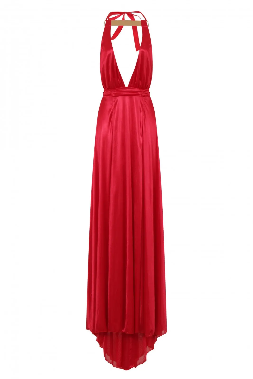 Riri Red Gold Choker Plunge Double Slit Maxi Dress