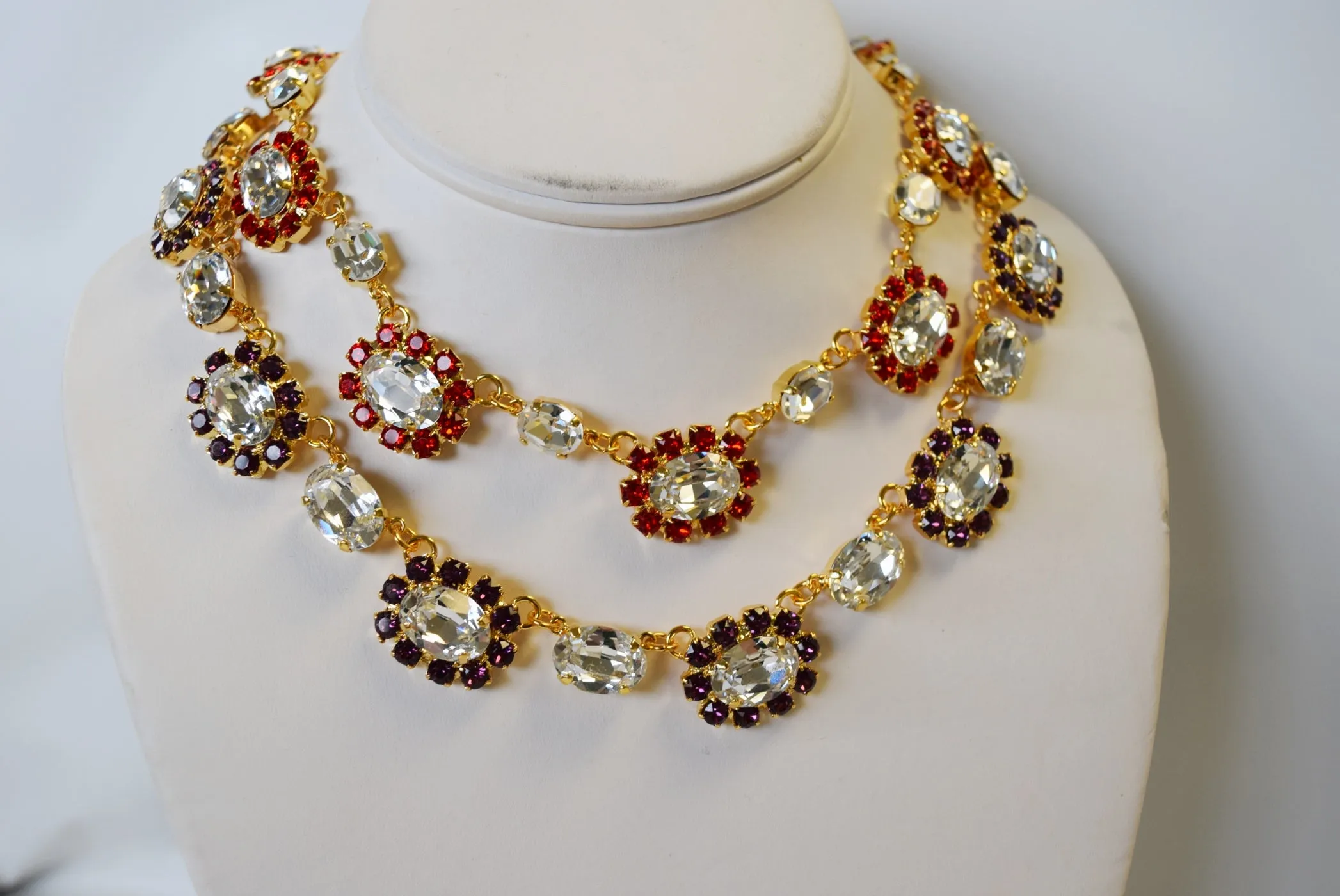 Ruby and Crystal Swarovski Halo Necklace - Medium Oval