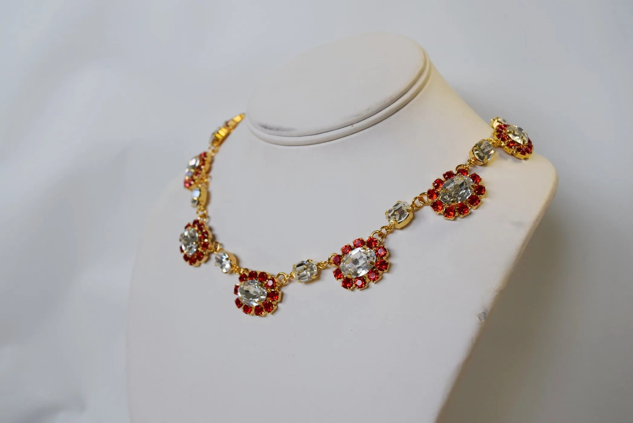 Ruby and Crystal Swarovski Halo Necklace - Medium Oval