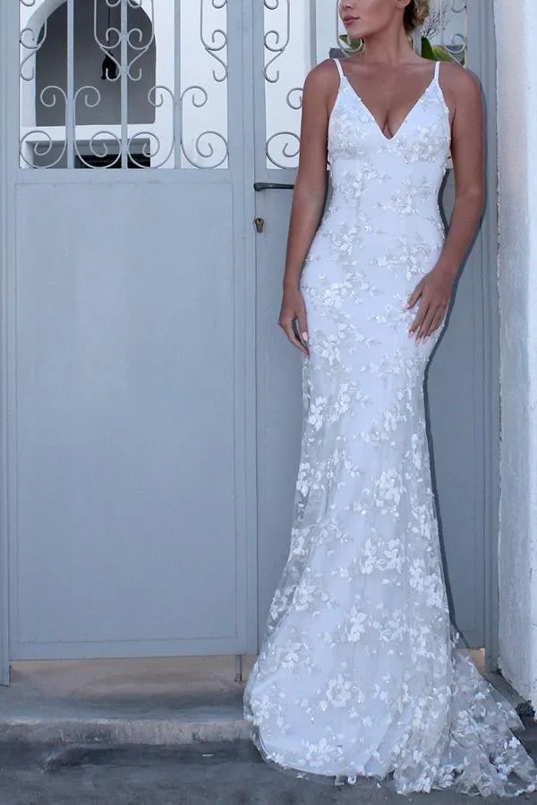 Sexy V Neck White Wedding Fishtail Evening Dress