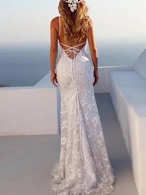 Sexy V Neck White Wedding Fishtail Evening Dress