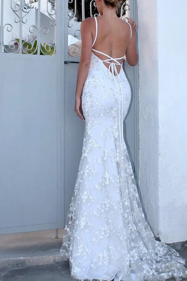 Sexy V Neck White Wedding Fishtail Evening Dress