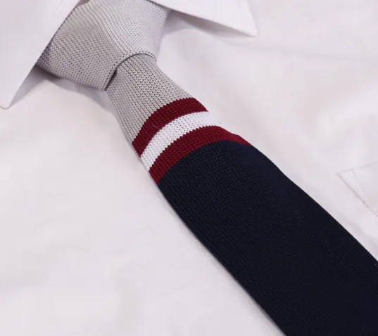 Silver, Navy & Burgundy Striped Knit Tie