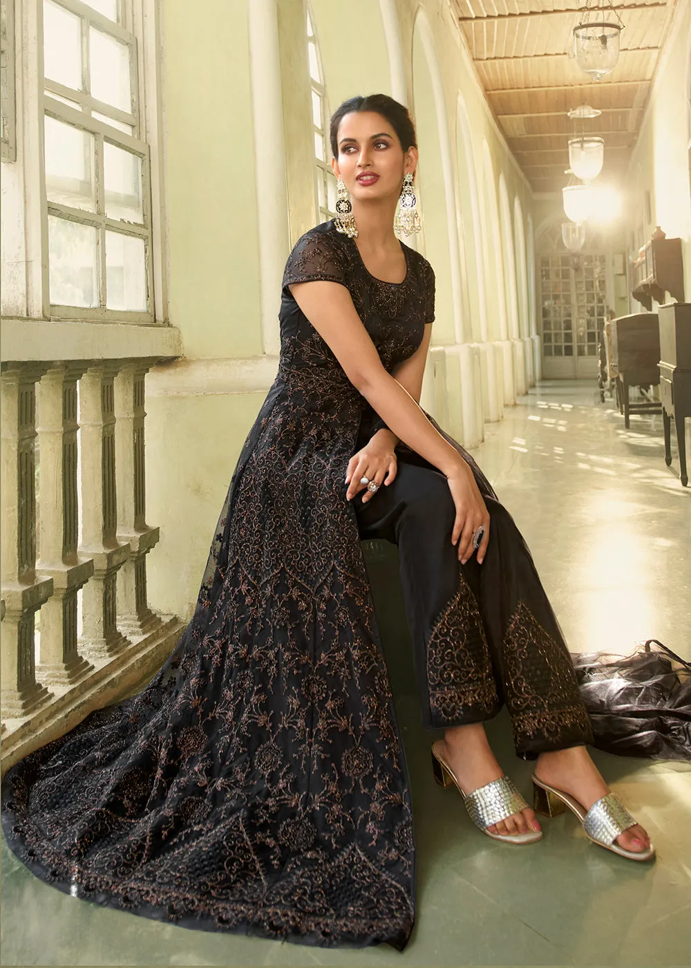 Slit Style Exquisite Black Zari Embroidered Party Festive Anarkali