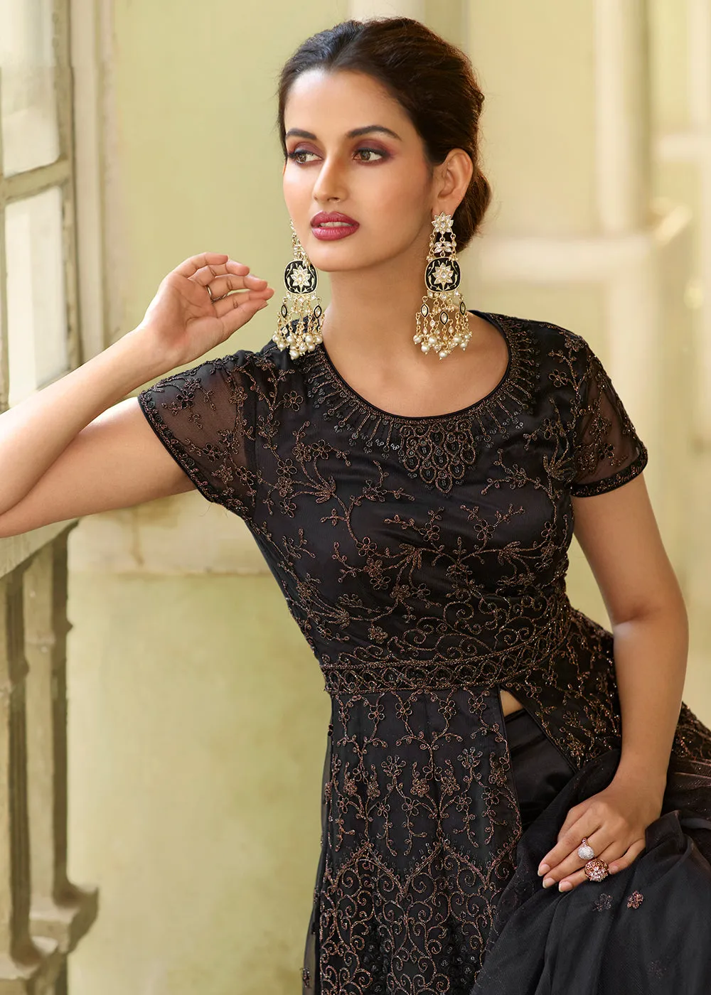 Slit Style Exquisite Black Zari Embroidered Party Festive Anarkali