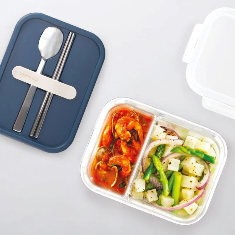 Two Compartment 930ml Microwave Oven Safe Navy Glass Lunch Box With Cutlery - Your Convenient and Durable Meal Companion