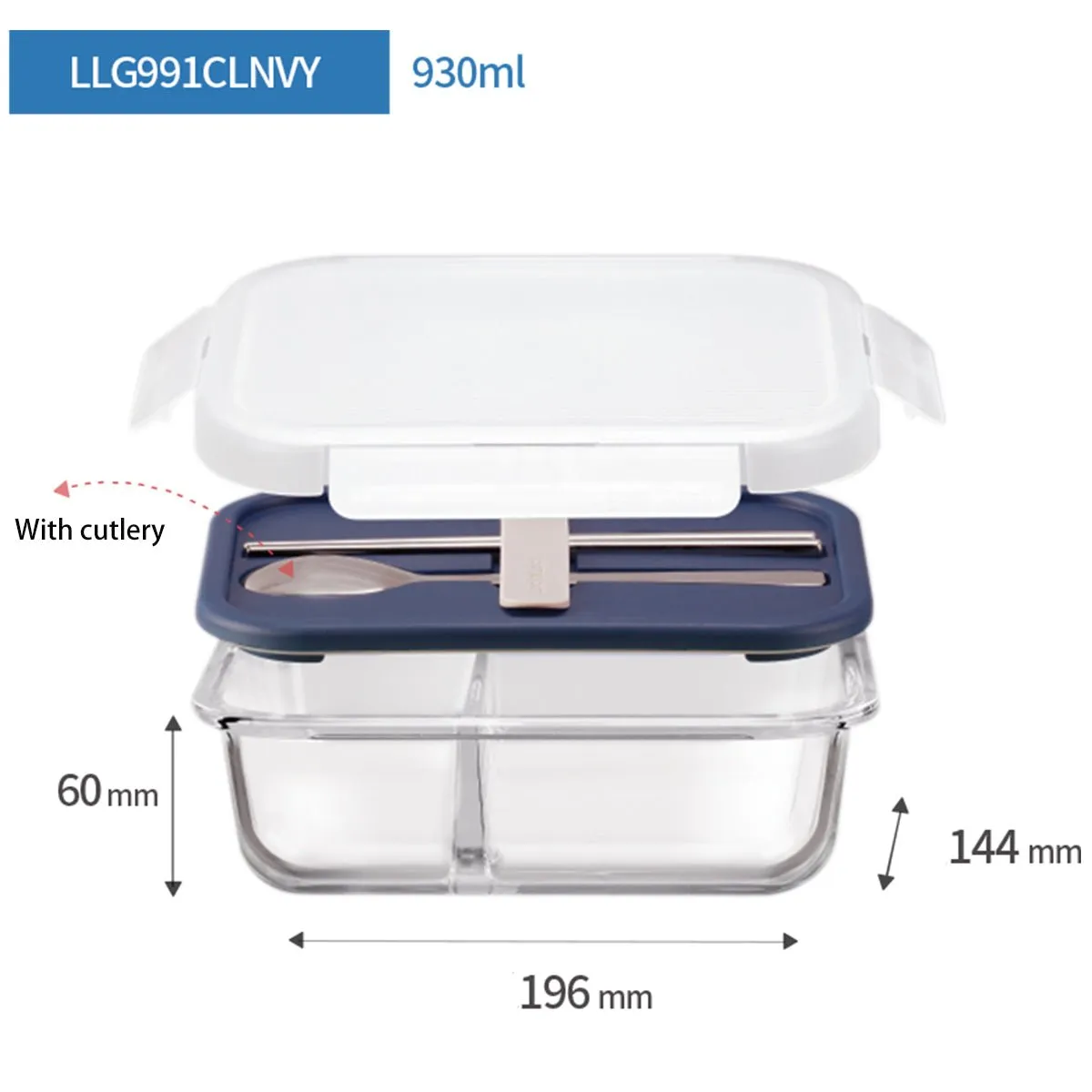 Two Compartment 930ml Microwave Oven Safe Navy Glass Lunch Box With Cutlery - Your Convenient and Durable Meal Companion