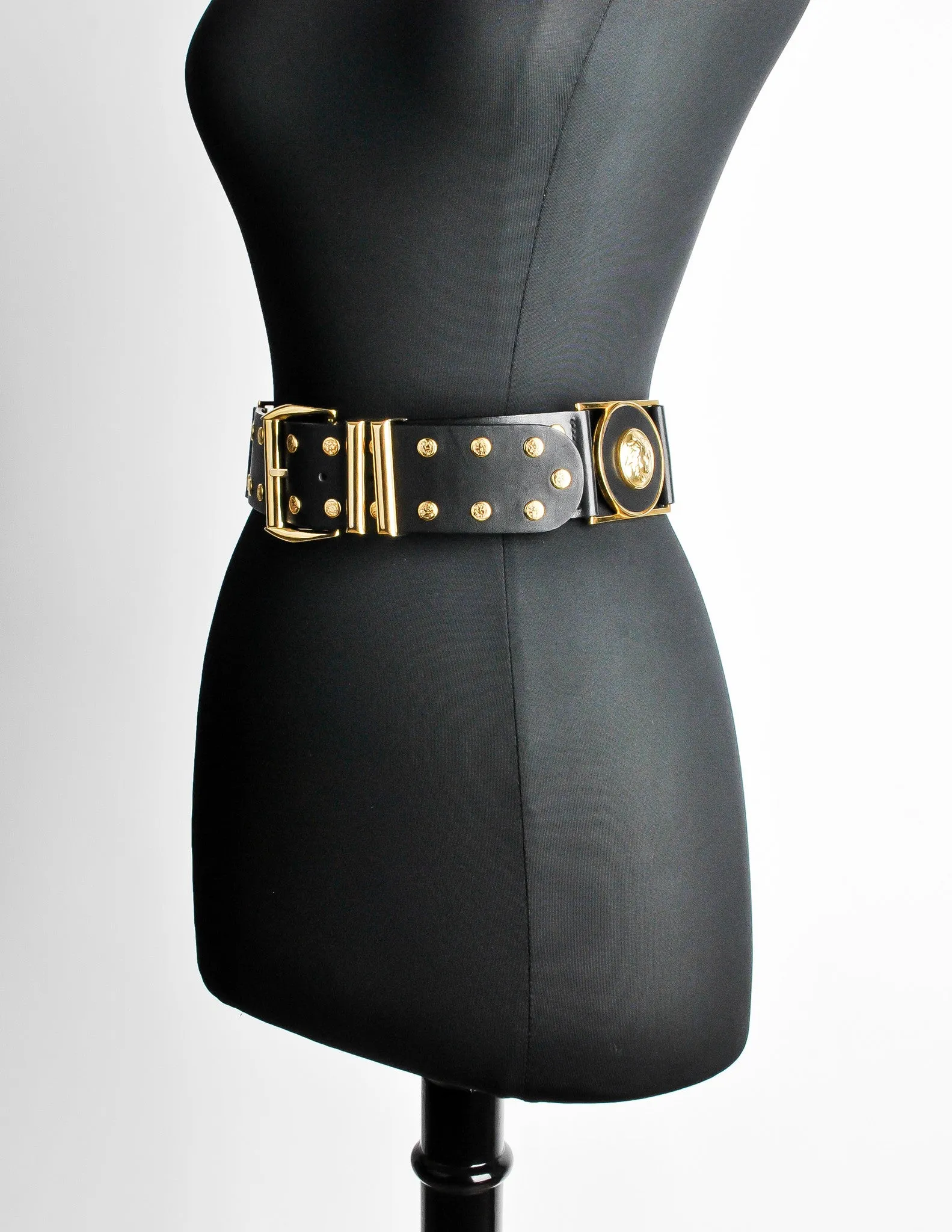 Versace Vintage Black and Gold Studded Medusa Belt