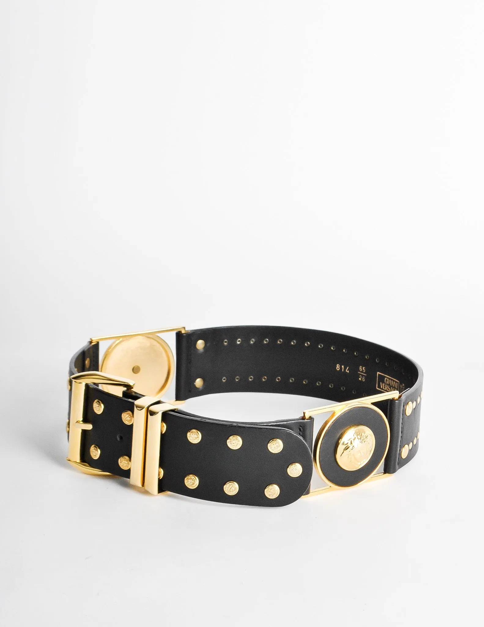 Versace Vintage Black and Gold Studded Medusa Belt