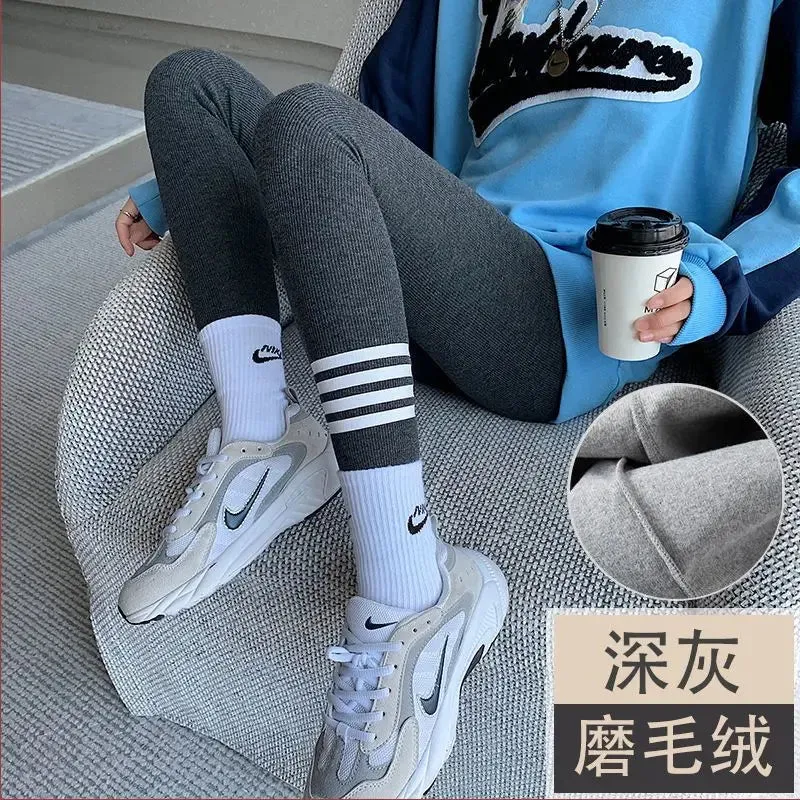 Winter Korean Fashion Striped Plush Thick Warm Comfortable High Waist Stretchy Leggings