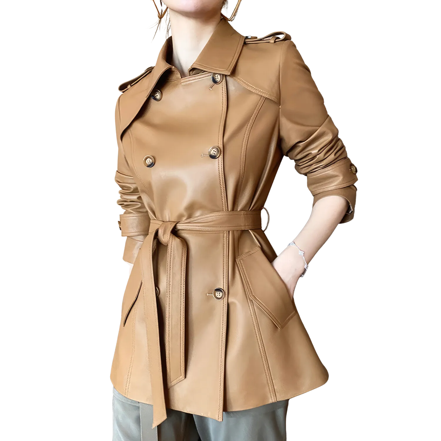 Women’s Coffee Brown Genuine Sheepskin Lapel Collar Business Fashion Double Breasted Belted Leather Trench Coat