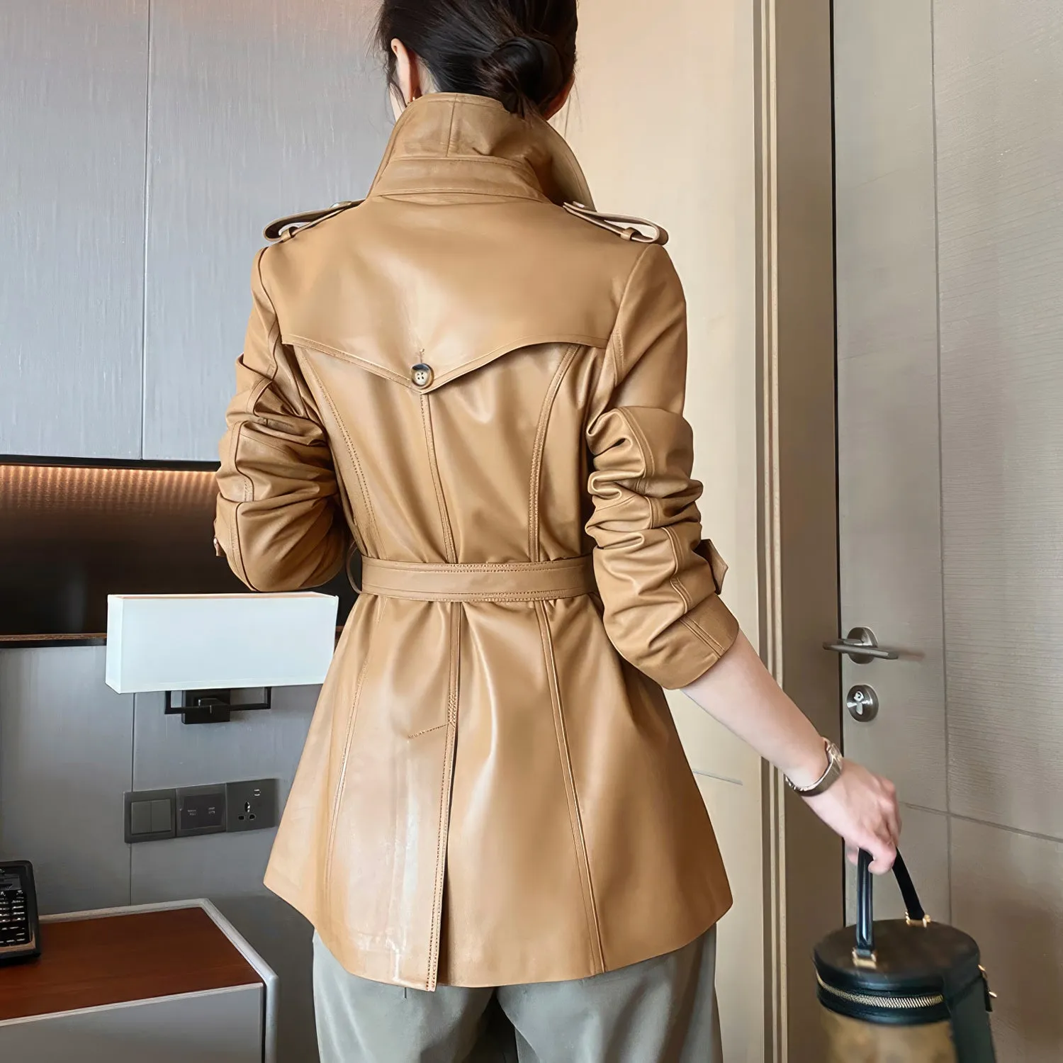 Women’s Coffee Brown Genuine Sheepskin Lapel Collar Business Fashion Double Breasted Belted Leather Trench Coat