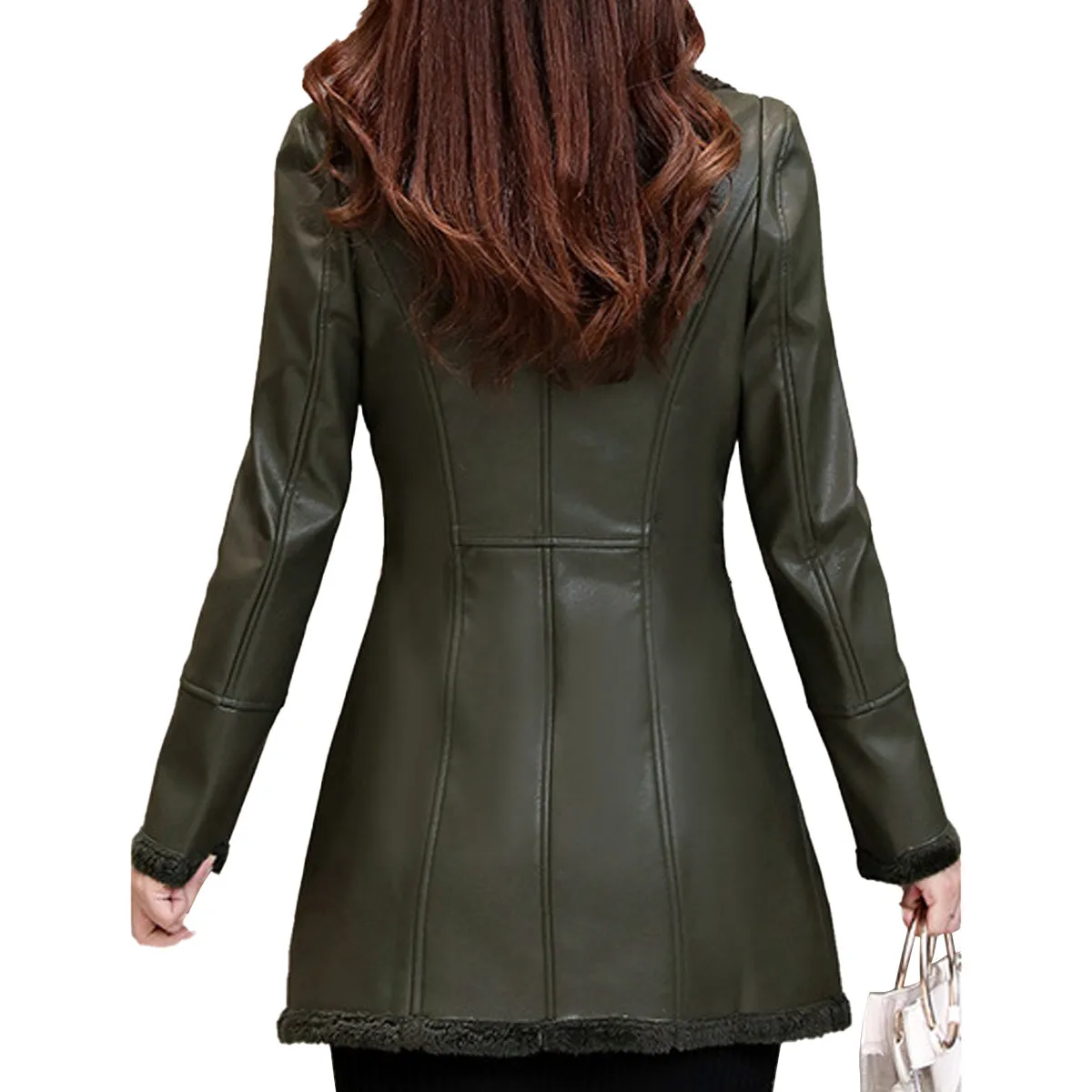 Women’s Green Genuine Sheepskin Lapel Collar Sherpa Shearling Faux Fur Lined Thick Warm Casual Classic Single Breasted Trench Style Leather Coat Jacket